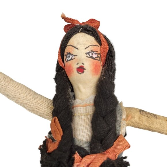 Souvenir Mexican Dolls Traditional Clothing Couple Hand Painted Faces Two 1940s - Picture 2 of 8